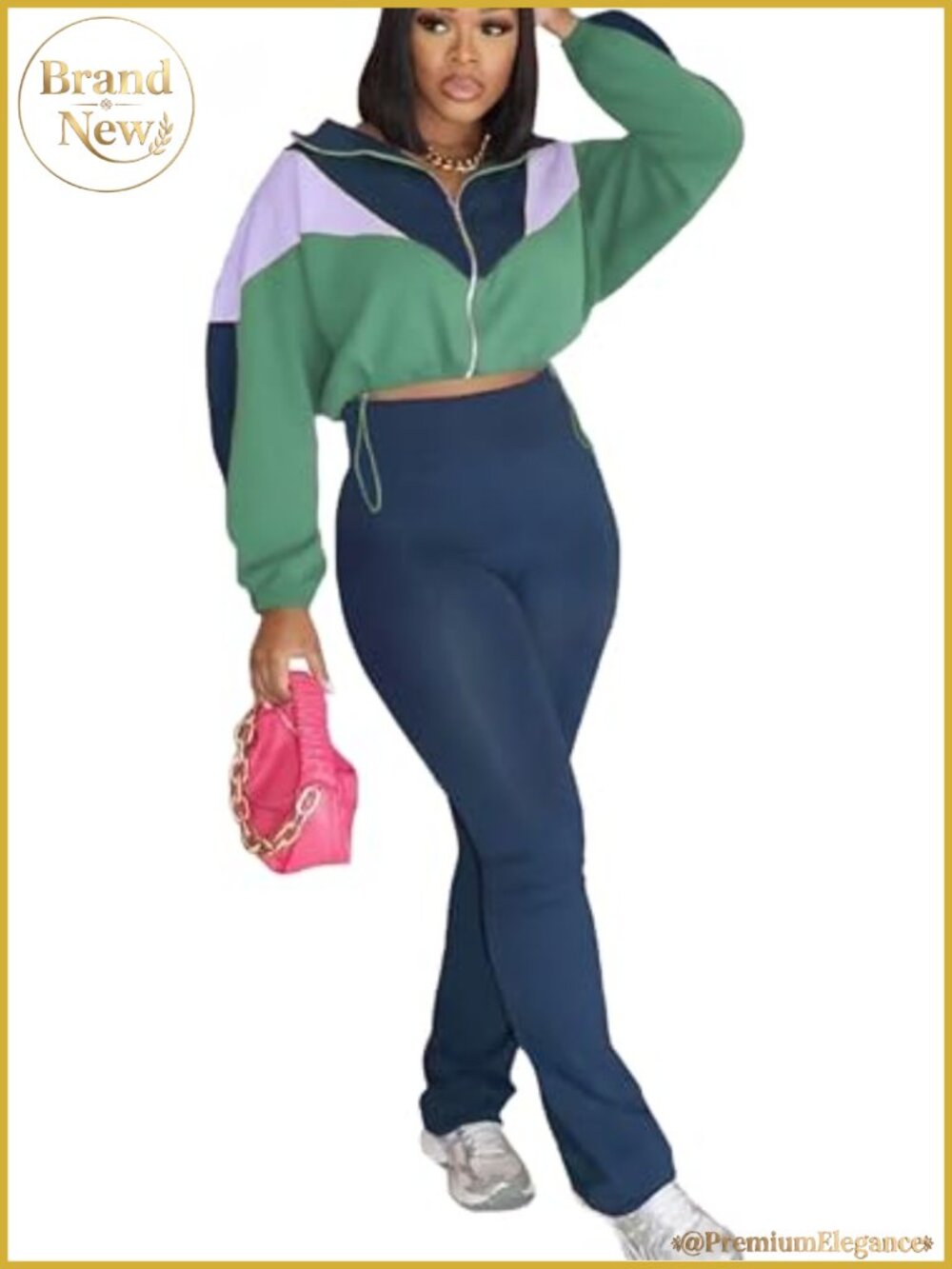 Womens 2 Piece Outfit Zip Up Cropped Jacket and Flared Pants